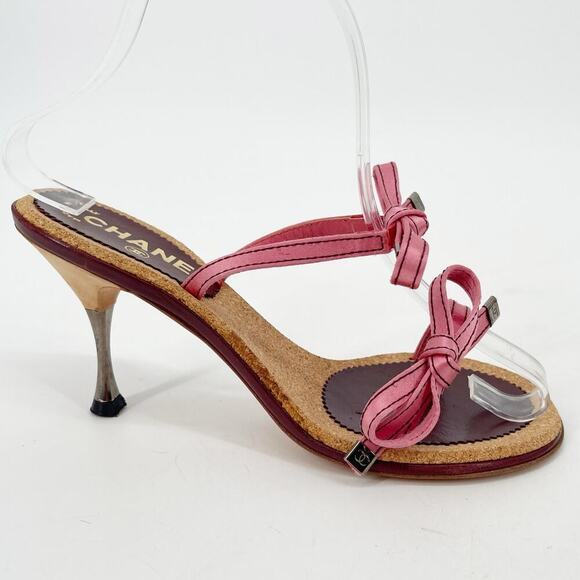 Chanel Vintage Pink Double Satin Bow Cork Sole Slide Sandal Heels EU 38 - Picture 2 of 13